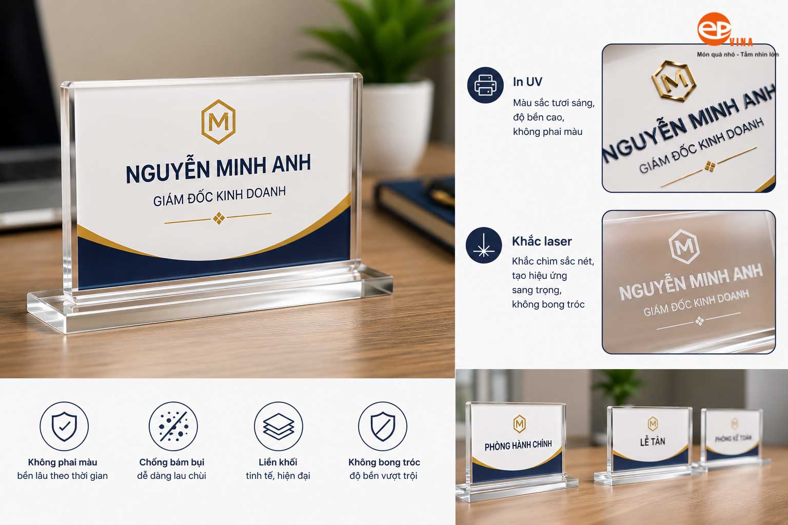 Bảng tên để bàn mica in UV cố định/ Khắc laser