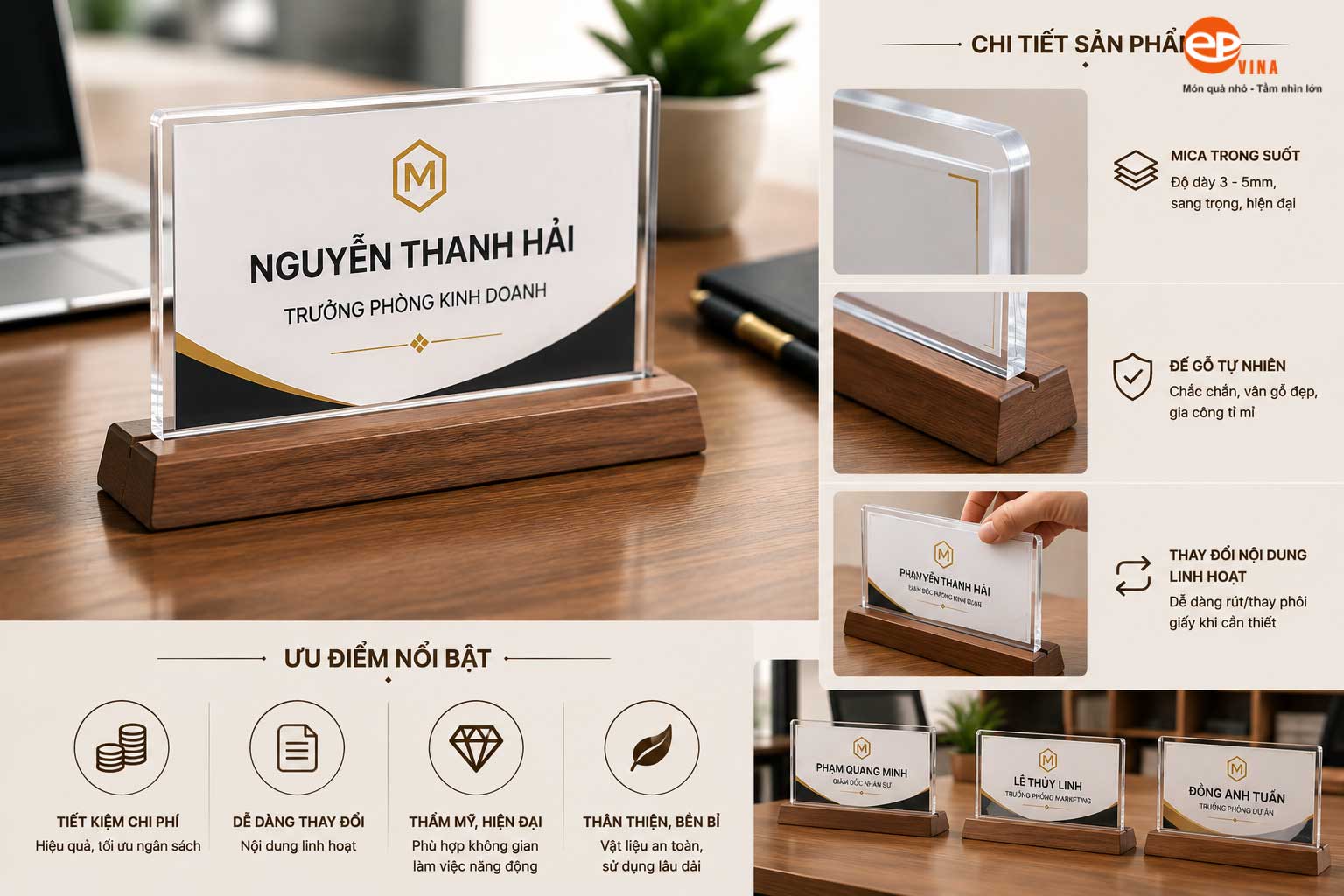 Bảng tên để bàn gỗ kết hợp mica