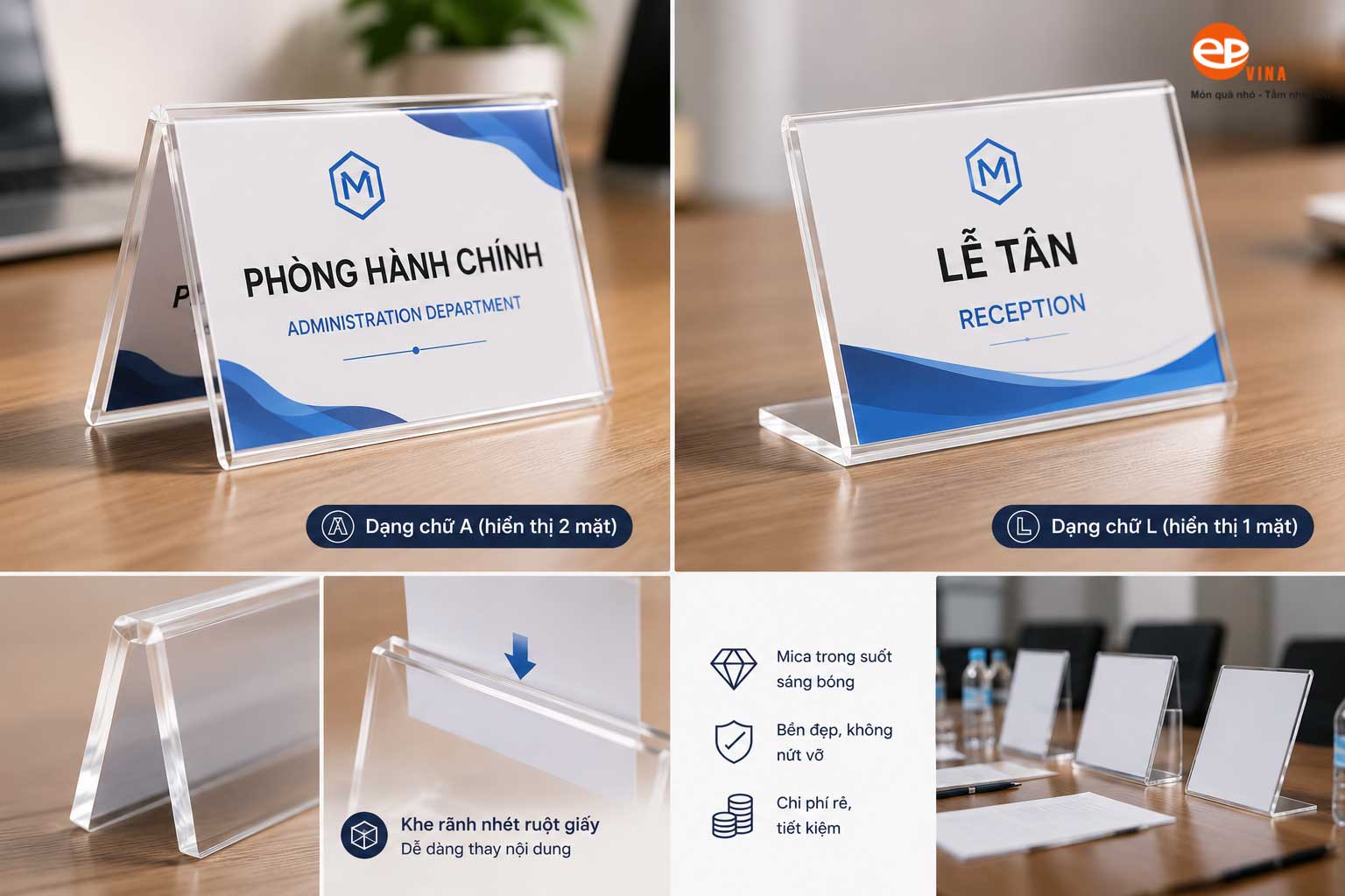 Bảng tên để bàn mica chữ A/chữ L