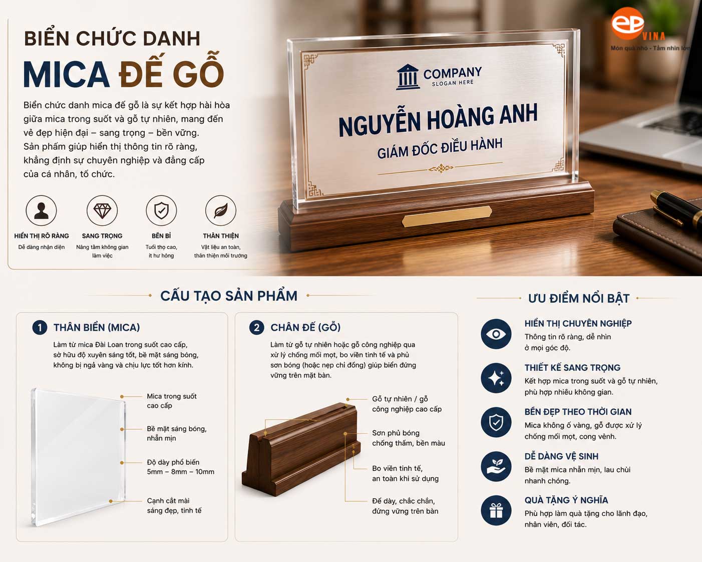 Biển chức danh mica đế gỗ