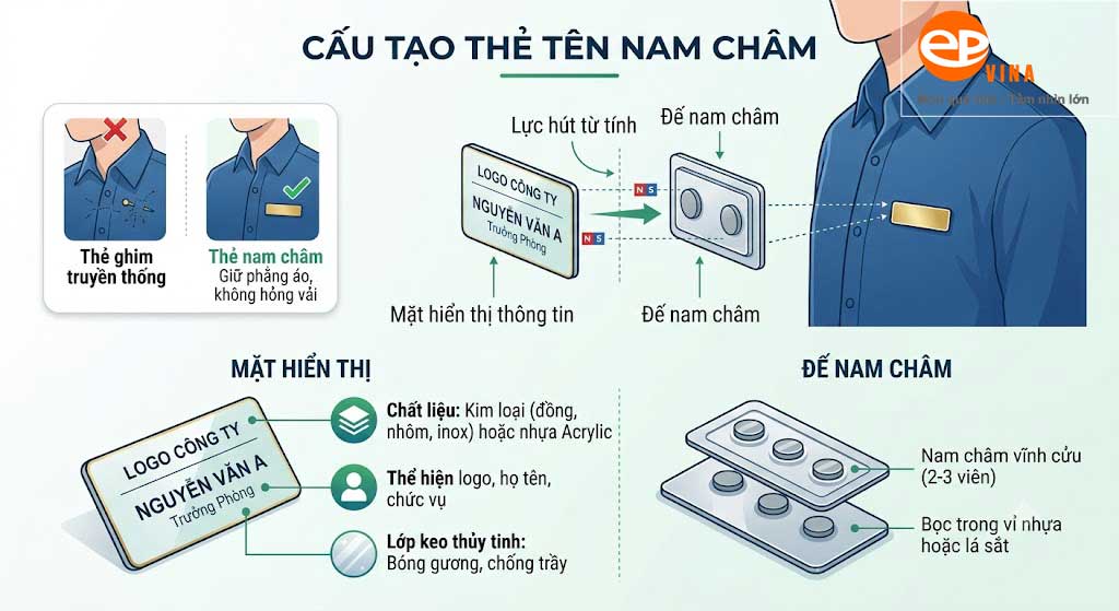Cấu tạo của thẻ tên nam châm gồm 2 phần tách biệt nhưng liên kết chặt chẽ
