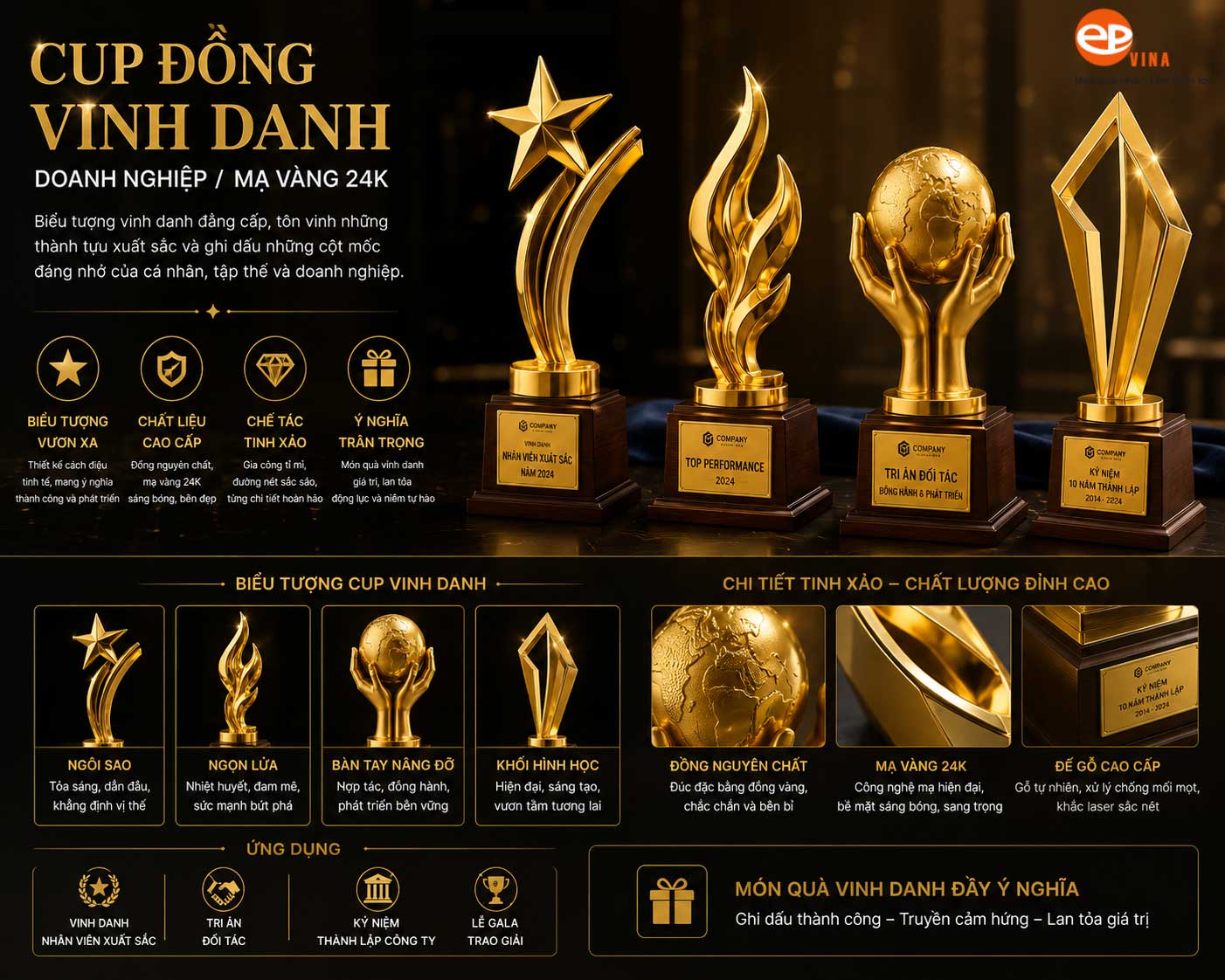 Cup đồng vinh danh doanh nghiệp/mạ vàng 24K