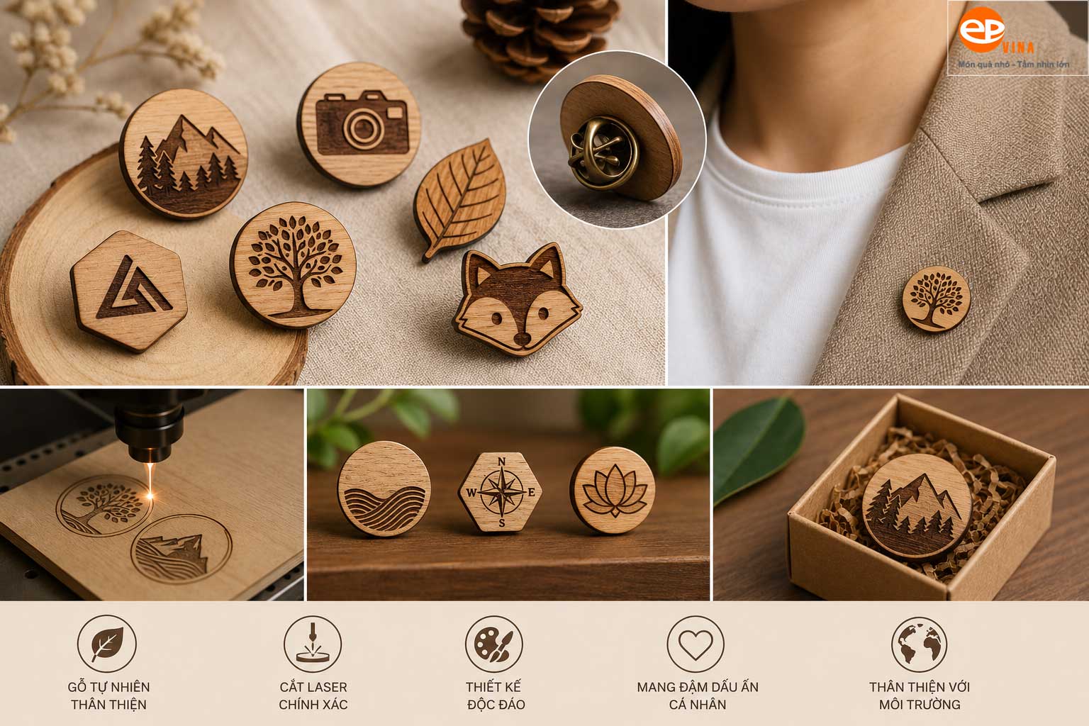 Pin cài áo gỗ